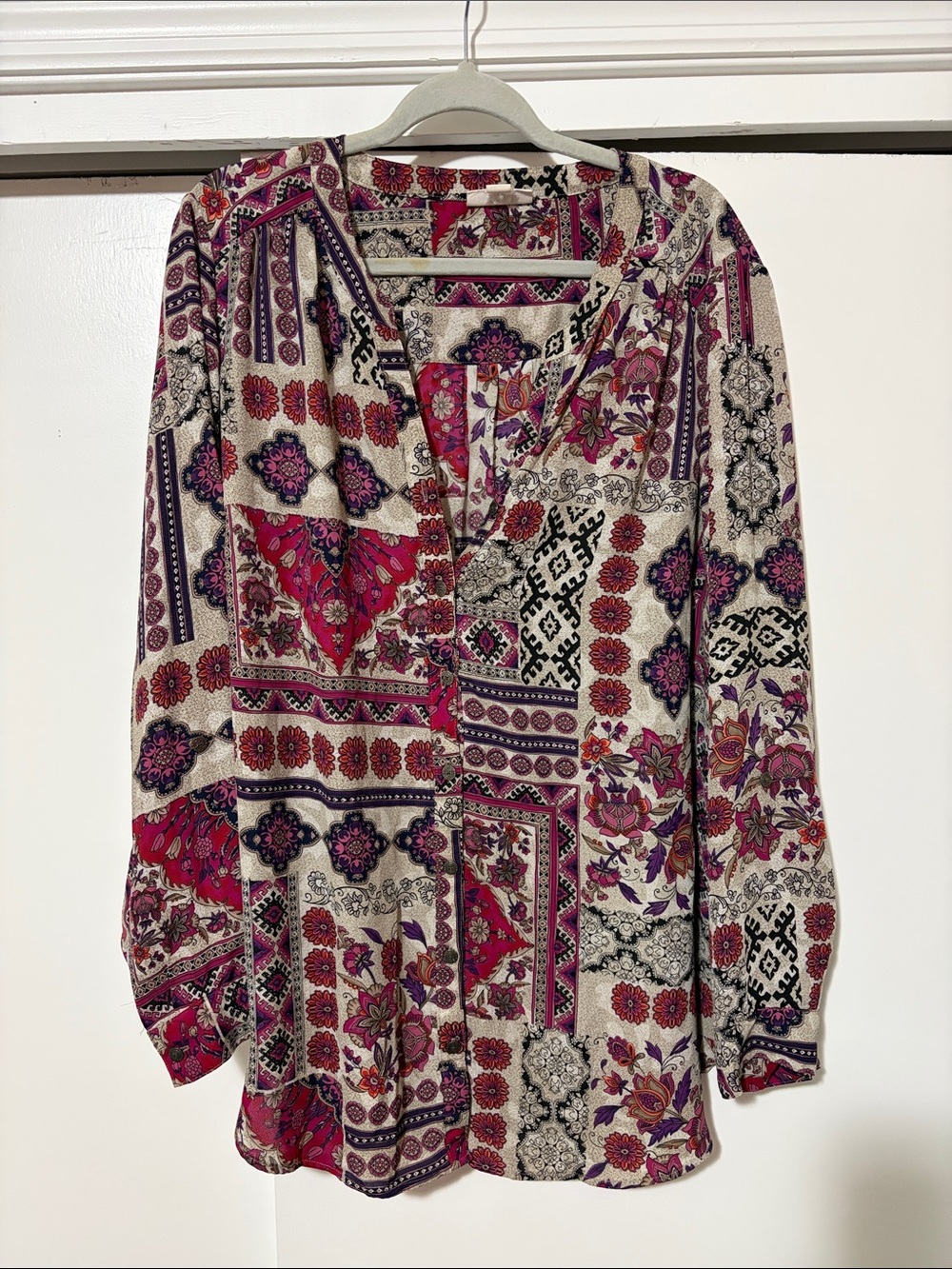 Westport Pink Multi Patchwork Button-Down Blouse 🏡